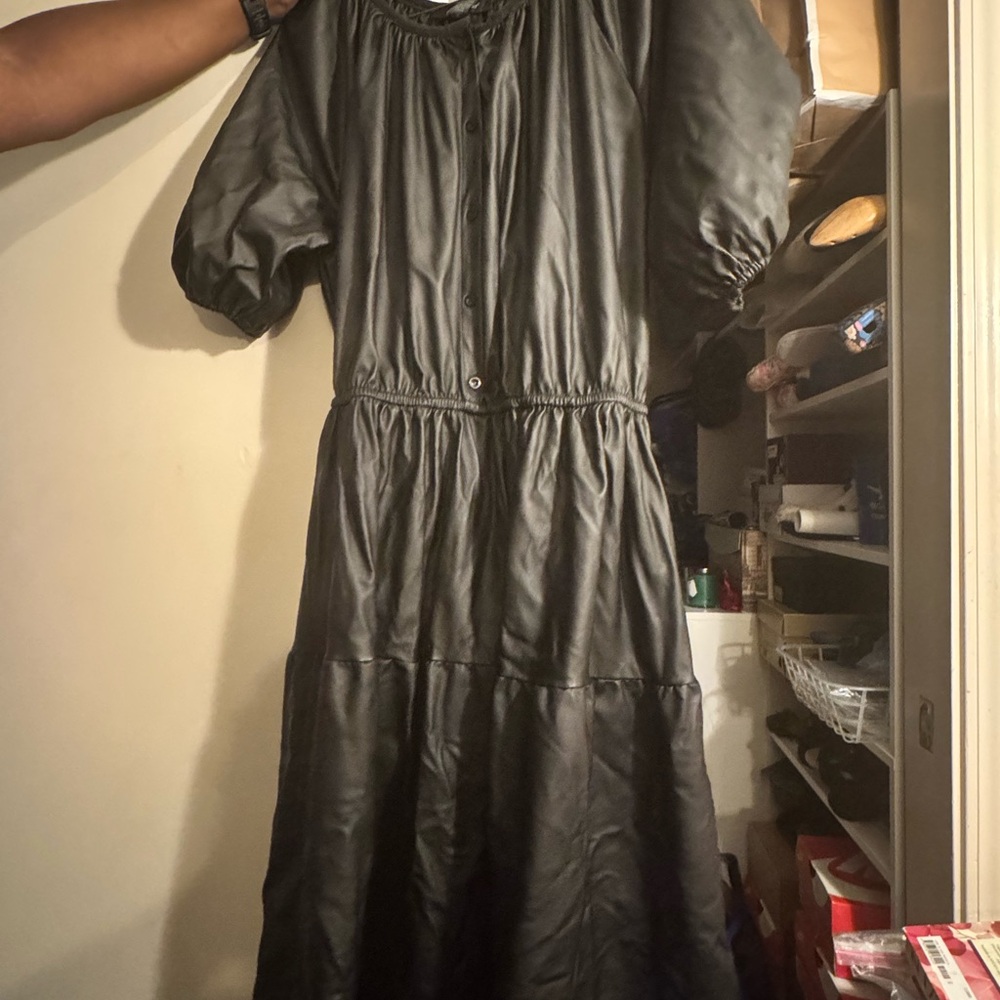 Faux Leather Black Puff Sleeve Dress